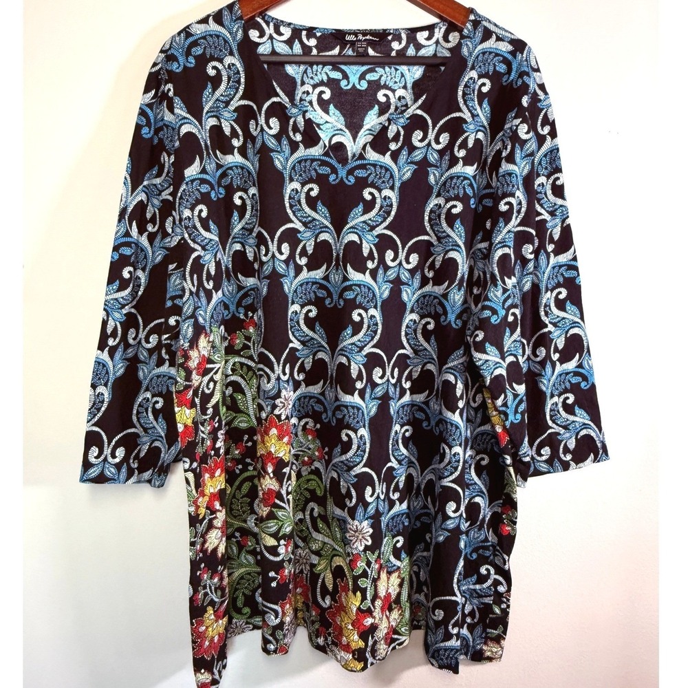 Ulla Popken Womens 20/22 Black Blue Floral Damask Cotton Tunic Boho Top